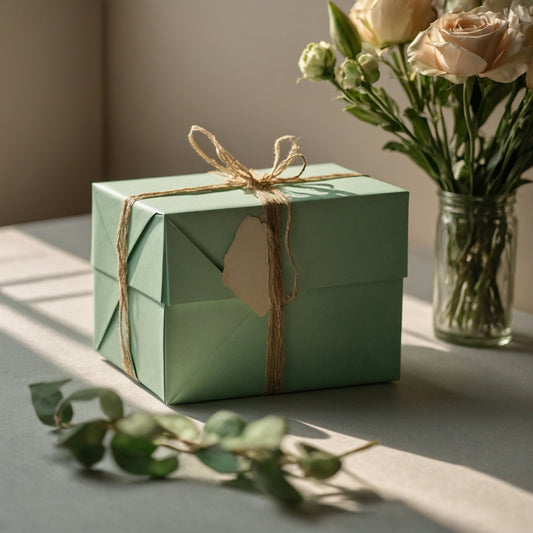 A mint green gift box tied with twine beside a vase of roses
