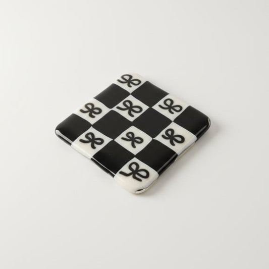 Womenmart Bow Checkerboard Glass Coaster Black