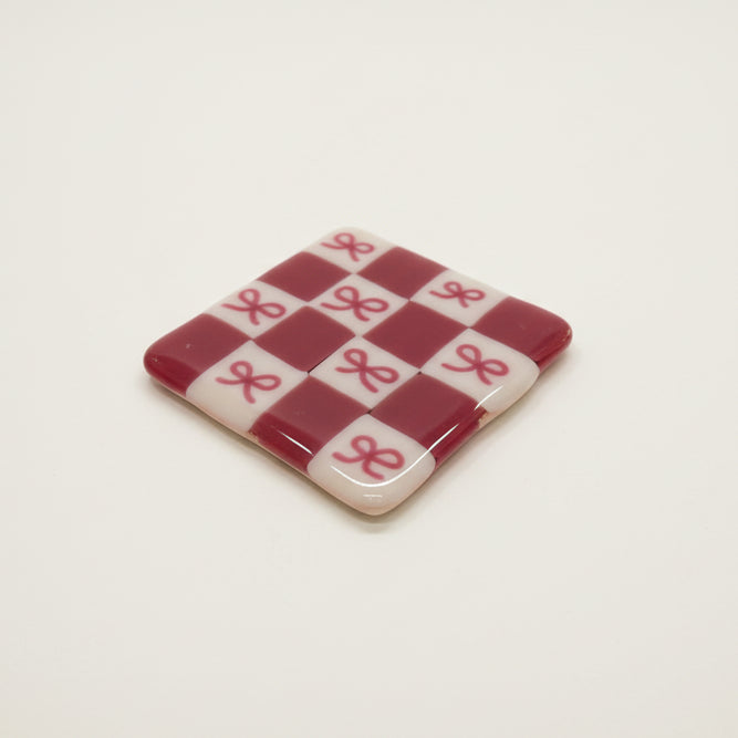 Womenmart Bow Checkerboard Glass Coaster Pink