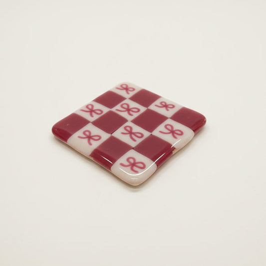 Womenmart Bow Checkerboard Glass Coaster Pink
