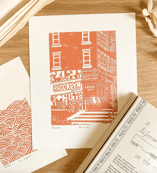 Womenmart Brooklyn Coffee Shop Linocut Print