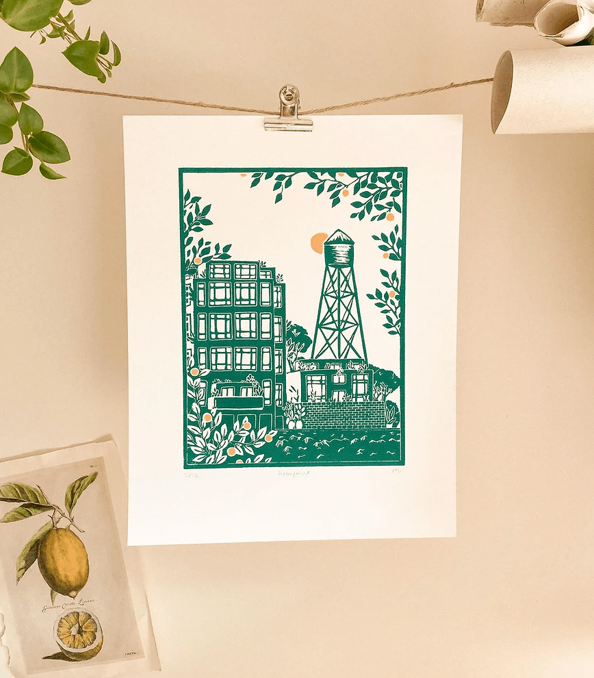Womenmart Greenpoint Water Tower Linocut Print